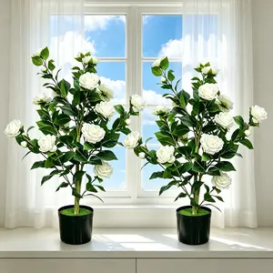 DLD 2 Pcs 3Ft Artificial Camellia Trees with 24 White Flowers and Pots, 35in Faux Camellia Plant Ideal Christmas Gifts for Home, Porch, Office or Outdoor Decor