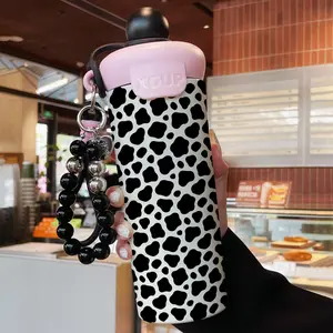 600ML Insulated Cup with Beaded Bracelet, Simple Cow Print Stainless Steel Mug, Leak-Proof Portable Durable Coffee Cup for Travel, Vacuum Insulated Leakproof Tumbler Drinkware Flasks