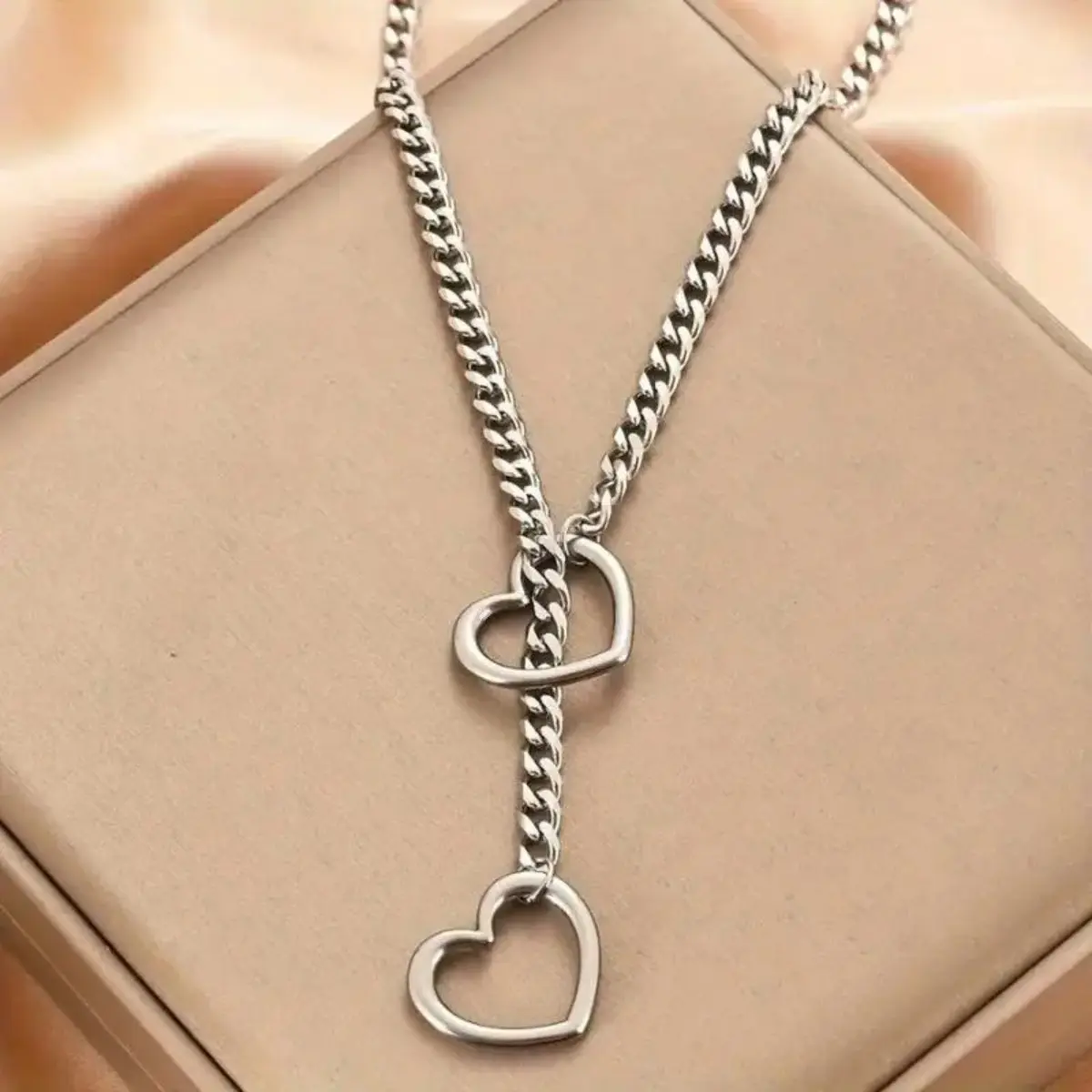 Punk Stainless Steel Cuban Link Chain with Heart Cut-Out - Adjustable Unisex Accessories Adults, Ideal for Daily & Party Wear, Gifts for Boyfriend, Men's Accessories For Adults, Heart Necklaces, Casual, Punk-Style Accessory
