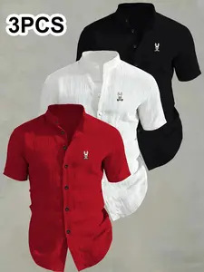 3-Pack Men's Summer Short Sleeve Shirts Print, Breathable Solid Collar Button-Up, Ideal for Beach Pool, Casual Swimwear, Perfect for Summer