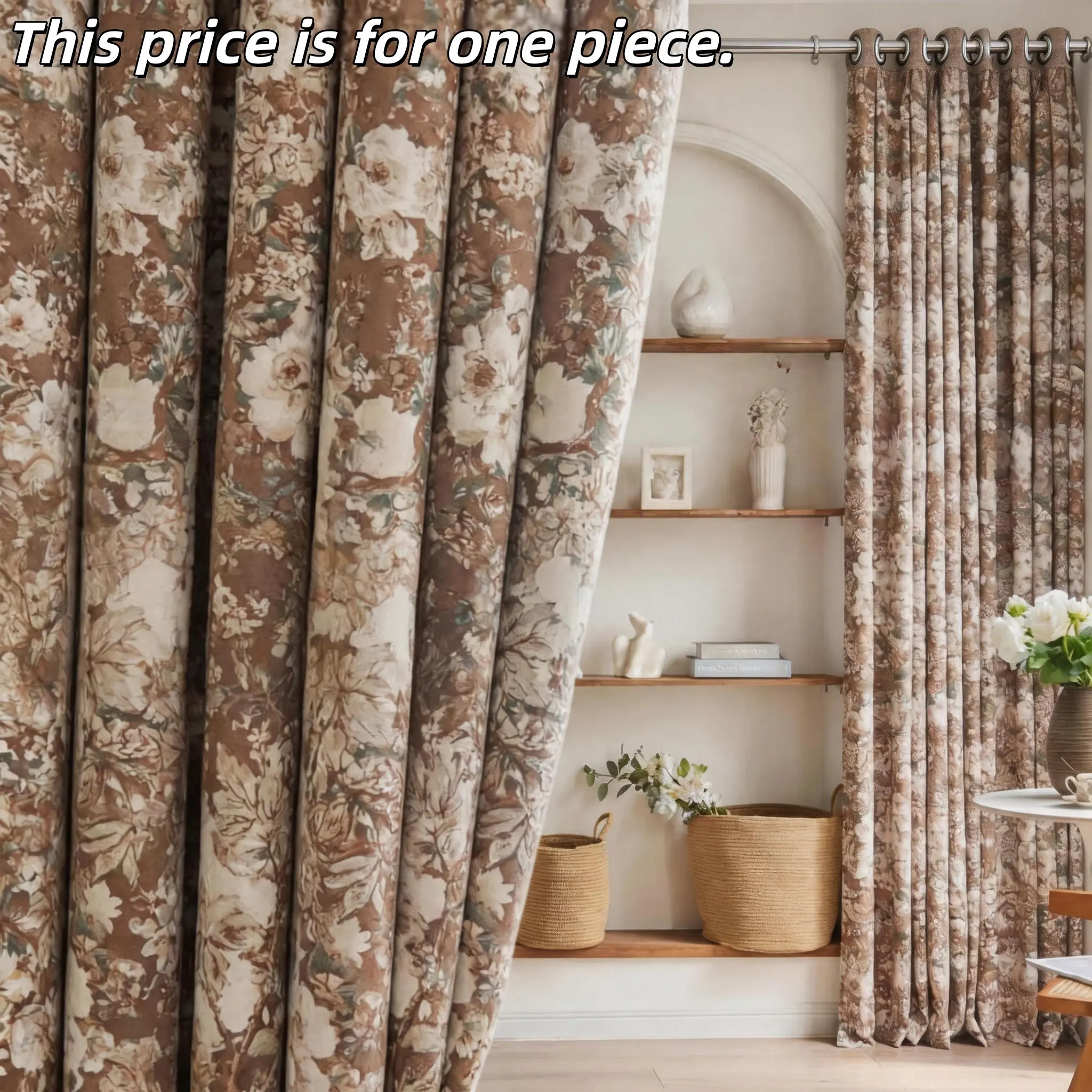 1PC Cream Sketch American Country Cross-Border Room Decor Curtain, Home Decorative Polyester Privacy Curtain, High Privacy Fabric, Living Room Bedroom Bay Window, Elegant Material