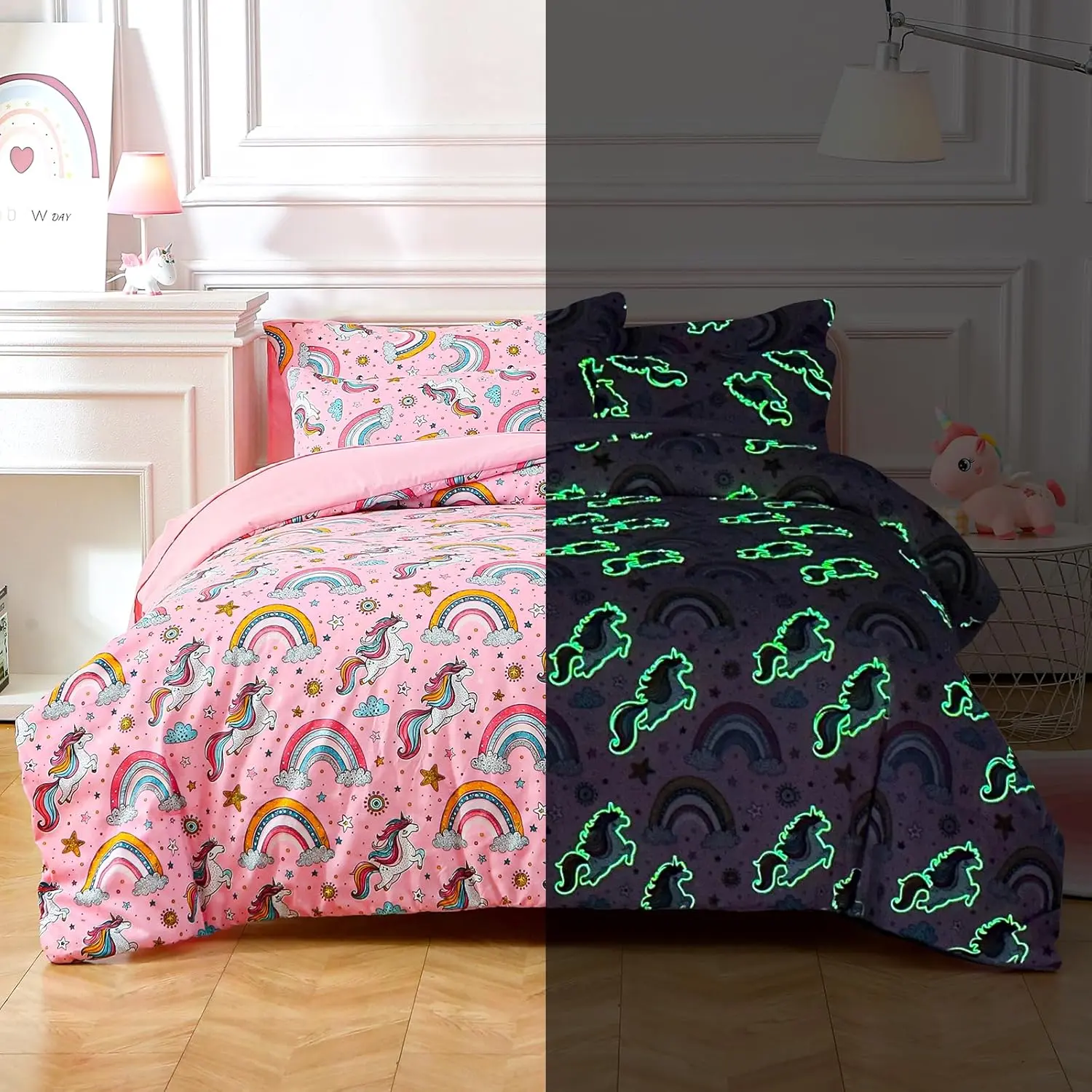 Glow in The Dark Kids Comforter Set, 3 Pieces Pink Unicorn Bedding Set Twin Size for Boys Girls Teen, 1 Comforter, 1 Pillowcase, 1 Pillow Sham