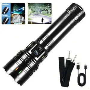 Rechargeable zoom flashlight with extendable zoom design, suitable for emergency power outages, outdoor camping, hurricanes, etc. Powered by rechargeable LED batteries, it has 4 lighting modes and a hands-free shoulder strap design.