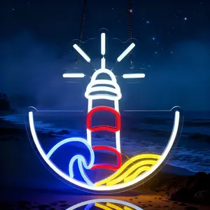 1pcs Lighthouse Neon Sign Sea Neon Signs for Wall Decor Dimmable Sunset Sunrise LED Light Modern Mood Lighting for Man Cave Bedroom Bar Living Room Club Lighthouse Led Decor for Gift