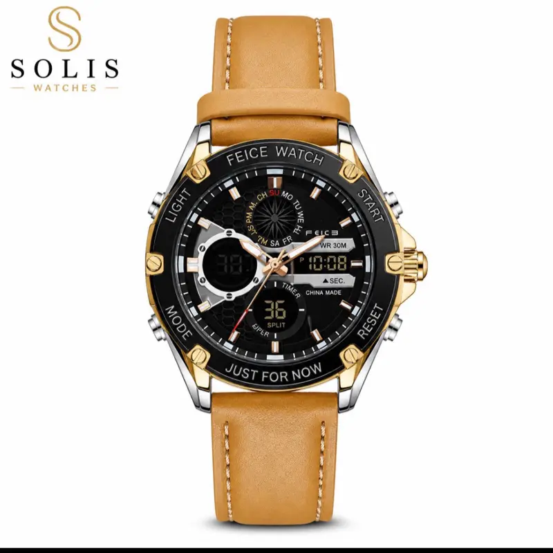 FEICE Men’s Analog Digital Watch – Black Dial, Tan Leather Strap, Multifunction