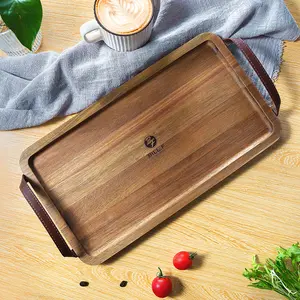 Bill.F Acacia Wood Serving Tray with Leather Handles, 14.2" x 7.9" Rustic Rectangular Wooden Tray for Coffee, Breakfast, Home Decor & Parties