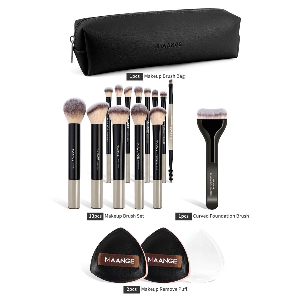 MAANGE Makeup Brush Set– 14 Brushes + 2 Puffs + Storage Bag– Professional, Multifunctional & Beginner-Friendly for Powder, Liquid & Cream