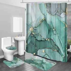 Cyan Marble Bathroom Set, Light Luxury Shower Curtain with Toilet Cover, U-Shaped Mat & Bath Mat – Elegant Home Decor