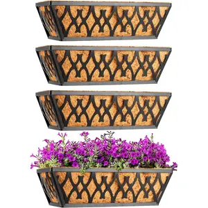 4 Pack 12 Inch Window Boxes Planters Railing Planter Box with Coco Liners Deck Railing Planter Boxes Balcony Hanging Flower Box for Outdoor Plants Garden Decor