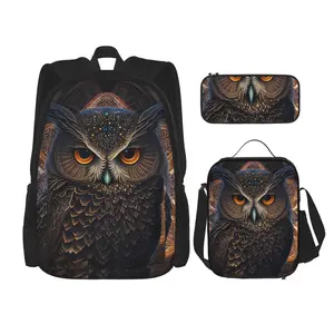 Dark-themed owl backpack set (3 pieces): Large capacity backpack + lunch bag + stationery bag.