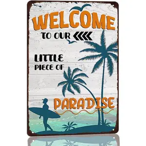 Vintage Outdoor Pool Metal Sign Welcome To Our Little Piece of Paradise Tin Sign Home Swimming Pool Sign For Backyard Garden Beach Hut Outdoor Signs 8x12 Inch