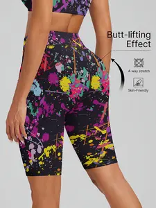 1 piece of women's high-waisted butt-lifting yoga pants, cycling shorts, fitness sports shorts, summer colorful graffiti design, super elastic, comfortable, soft, moisture-wicking and sweat-absorbing, suitable for gym, yoga, pilates, outdoor sports,