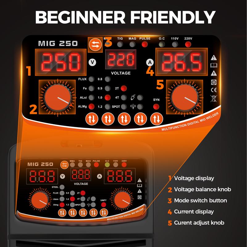 FEIFANKE MIG250A Welder with 110/220v smart conversion, 6-IN-1(MMA/LIFT TIG/FLUX CORE MIG CAS MIG/PLUSE MIG/SPOT welding) welder machine, LED Display Digital welder,Includes 3 Spools of Welding Wire,  for Professional and DIY Welding Projects