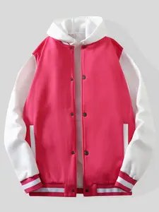 Women's Hooded Baseball Jacket, Colorblock College Style, Loose Fit Casual Outerwear, Shoulder Straps, Spring & Fall Fashion