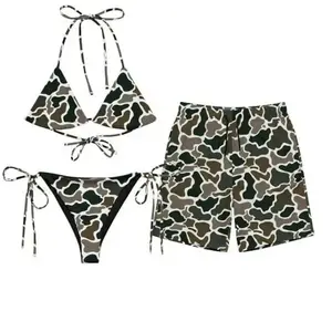 Camouflage Matching Couple Swimsuit Set Bundle, Women's Bikini Sets Two Piece Swimsuit, Camo Hunting Camo Matching Couple Bikini Sets + Men's MESH Shorts, Summer Beach Vacation Outfit for Men and Women, Gift for Him Her