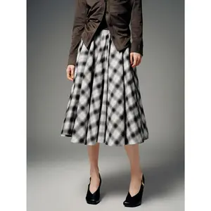 URBAN REVIVO Women's Thin Fitted Cotton Color-Block Plaid Skirt - Artisan Style, Adaptable-Fit, Spring Casual Bottom, UWH560011, Artisan Style Skirts, Adaptable-Fit Skirts
