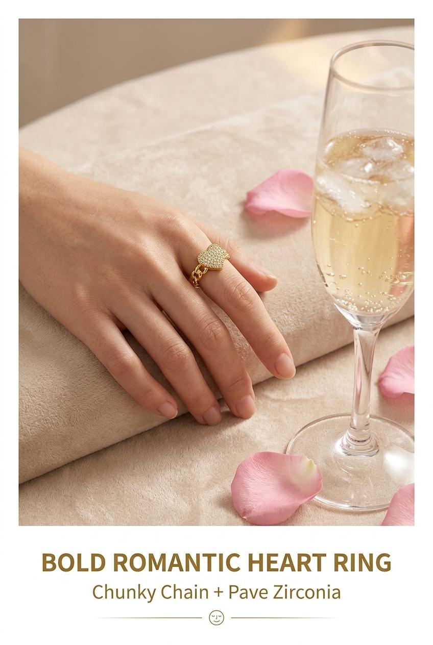 Exquisite Micro Paved CZ Heart Ring, Gold Plated Non Tarnish Adjustable Open Ring, Elegant Statement Ring for Dating & Daily Wear