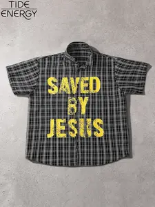 Men's Loose Plaid Button Down Shirt, Printed 'saved by Jesus' Text, Faith & Trendy Casual Street Style, Comfortable Fashion Top