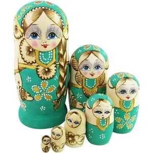 Winterworm Cute Little Girl with Big Braid Handmade Matryoshka Wishing Dolls Russian Nesting Dolls Set 7 Pieces Wooden Kids Gifts Toy Home Decoration Green