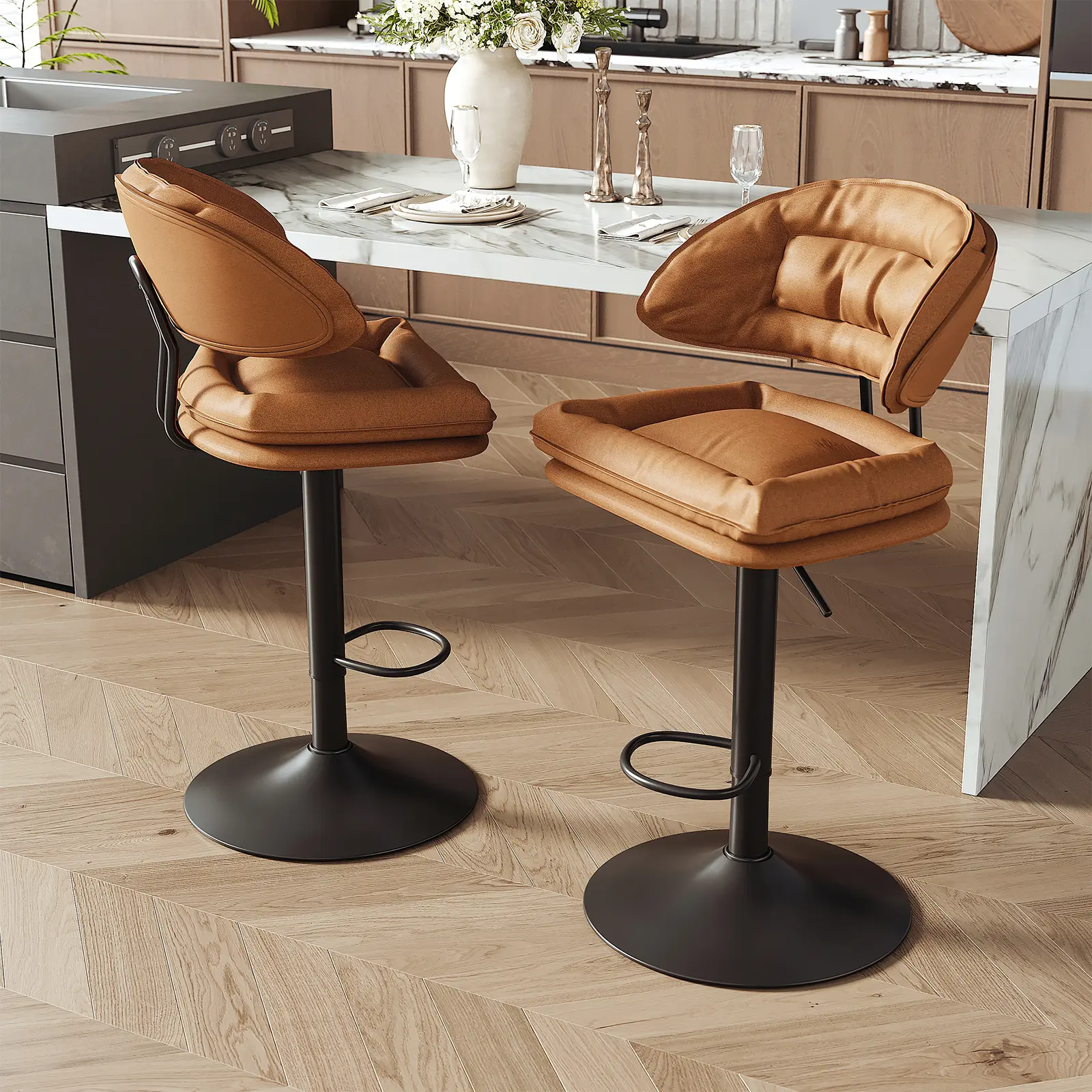 Set of 2 Adjustable Swivel Bar Stools, Upholstered Bar Chairs with Backrest and Footrest for Kitchen Island