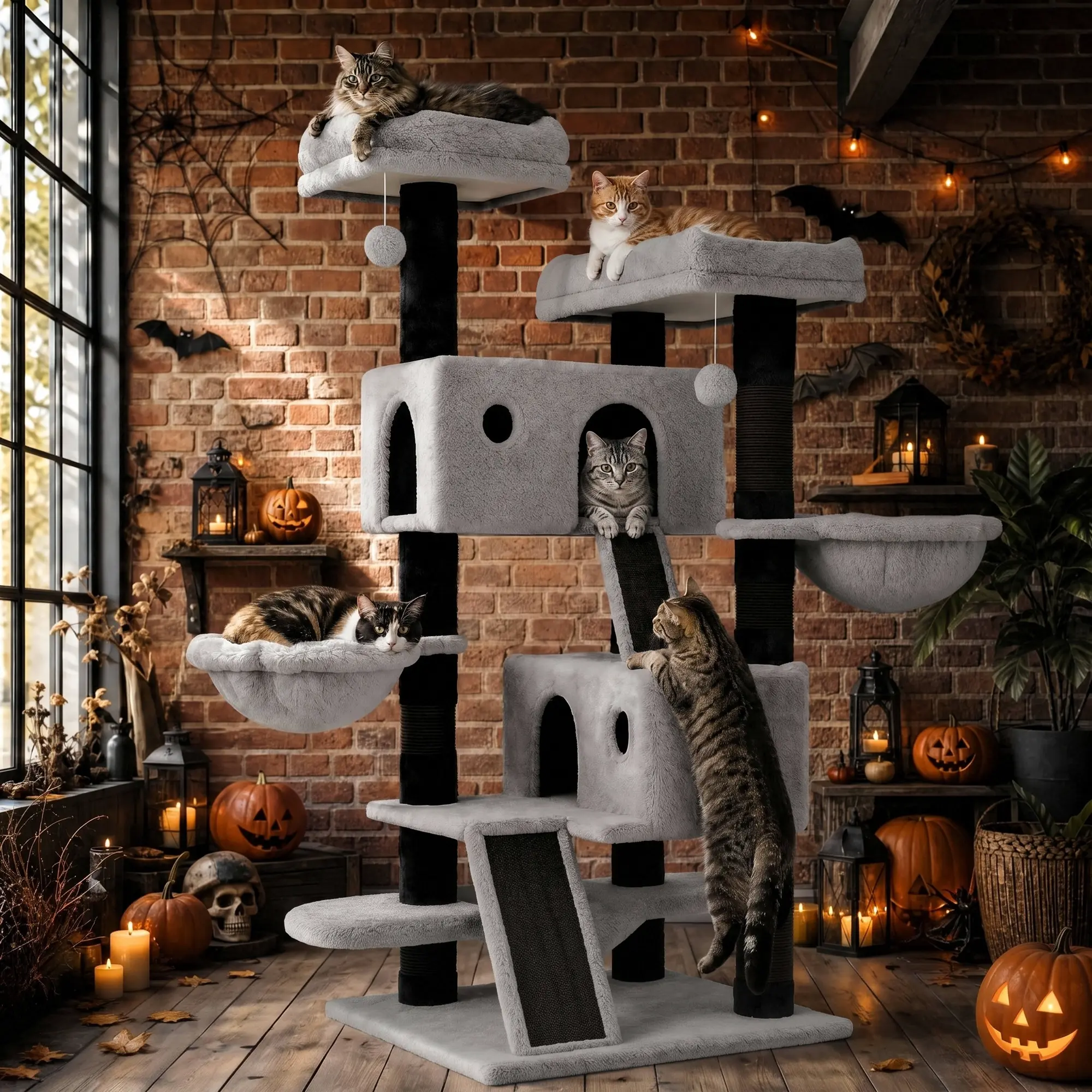 SHA CERLIN Black & Gray Cat Tree Tower for Indoor Cats, Multi-Level Cat Condo with Plush Perches, Hammock, Baskets & Sisal Scratching Posts, Wide Stable Base, Large Cat Activity Center