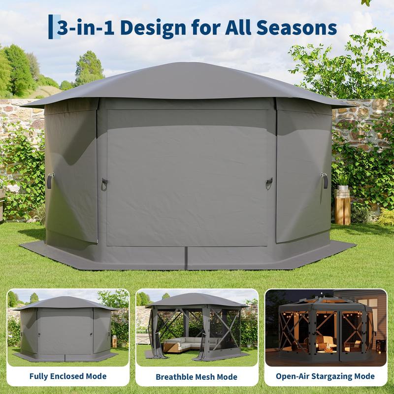 Pop Up Gazebo Screen Tent 11x11 ft with Removable Canopy Top – Quick-Set 6-Sided Bite-Proof Sun Shade Tent, All-Weather Outdoor Canopy Shelter for Camping, Backyard, and Patio,Grey
