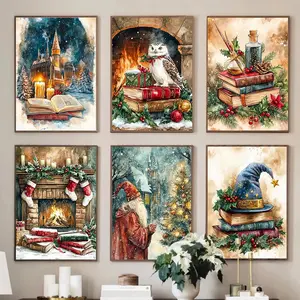 Vintage Christmas Themed Poster without Frame, 6 Counts/set Santa Claus & Book Pattern Wall Art, Wall Decor for Home Living Room Bedroom
