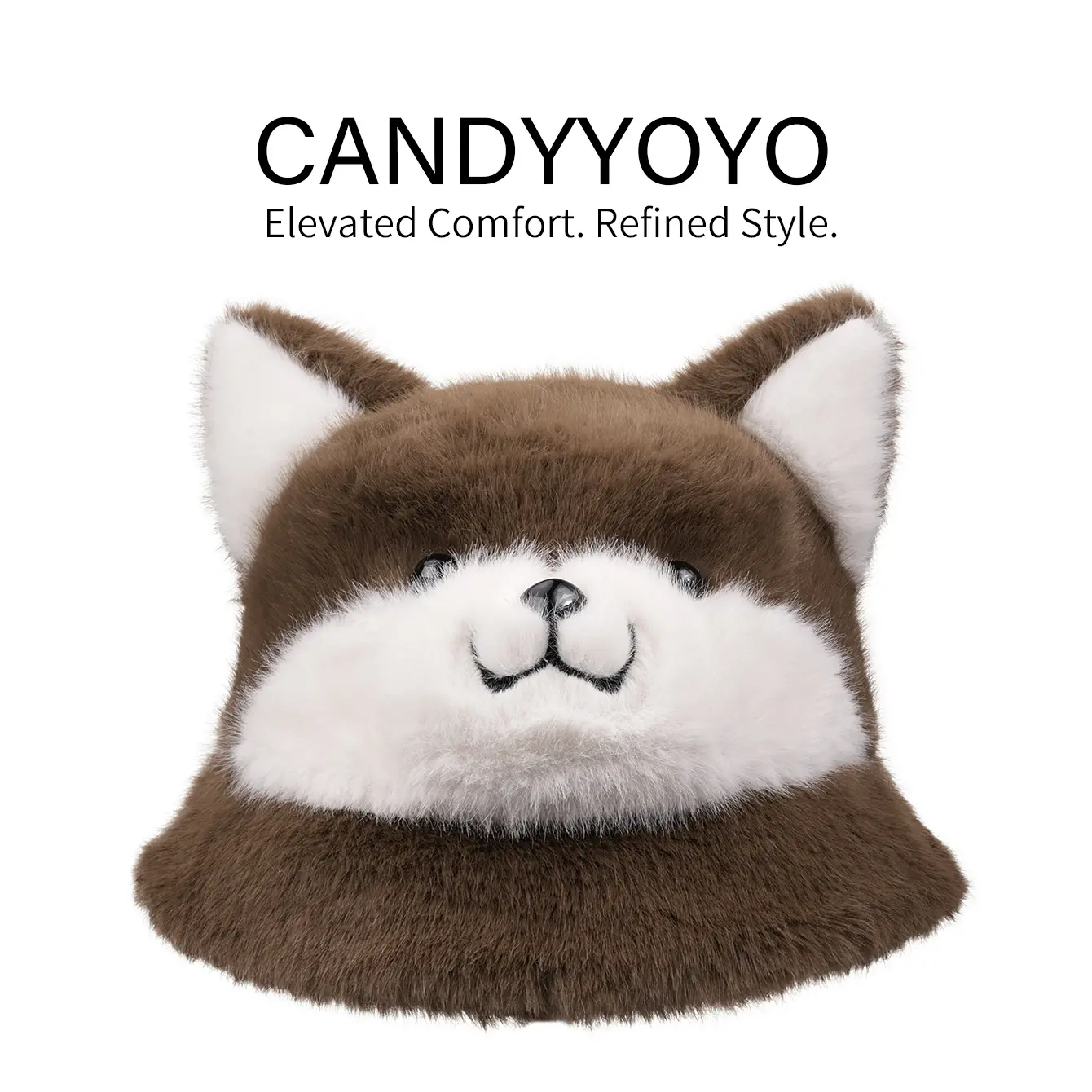 Original design Fleece Cat Bucket Hat with Furry Ears and Embroidered Face Detail, Brown and White Animal-Inspired Headwear with a Wide Brim Look for Casual Styling, Costume Parties, Themed Events, Photo Props, Cat Gifts and Novelty Outfits