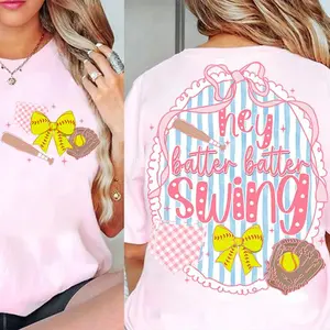 Preppy Softball Bow Graphic Tee, Hey Batter Batter Swing Game Day Youth Shirt, Softball Stripes Coquette Bow Mom Sports 2-Sided Unisex T-Shirt, Perfect Gift For Men, Women, And Kids