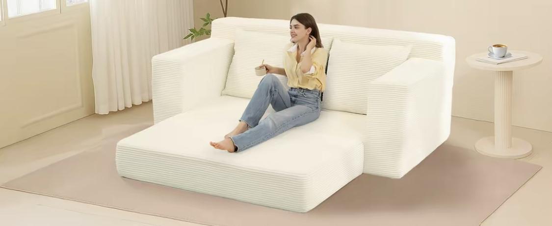 Winzoo 3-in-1 Corduroy Convertible Sofa Bed, Folding Futon with 4 Pillows & High-Density Foam