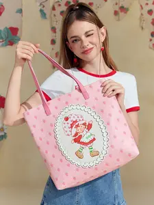 Strawberry Shortcake X SHEIN Women's Cute Cartoon Character & Strawberry & Lace Print Tote Bag, Trendy Tote Bags For Ladies, Valentine's Day