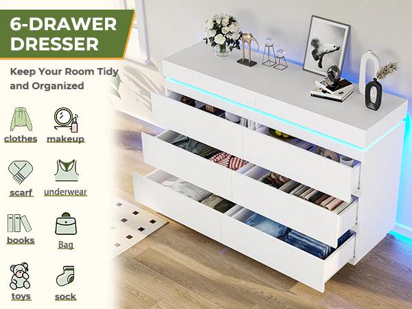 Sikaic LED Lights Dresser for Bedroom with Charging Station and Sliding Desktop Drawers Large Storage Tower Clothes Organizer Cabinet Apartment Furniture