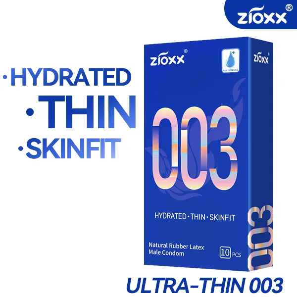Zioxx 003 0.045mm Bare-Feel Thin Men's Condoms, Hydrating HA (Hyaluronic Acid) Lubricated, Skinfit Natural Latex Rubber, Smooth, Sensitive Skin, Tested Safe, Easy Water Clean, 10 Pieces
