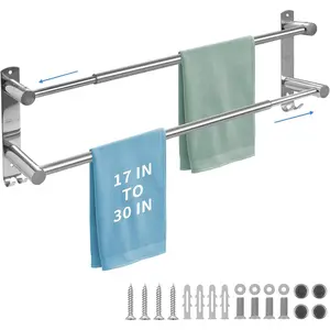 Stainless Steel Adjustable 16 to 28In Double Towel Bar Rack Suitable for Bathroom and Kitchen