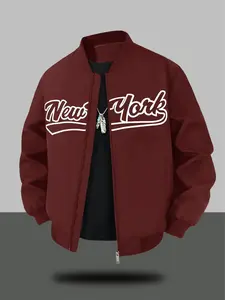 Men's New York Print Flying Jacket, Casual Baseball Style, Streetwear Outerwear, All Seasons, Long Sleeve, Fitted, Plain Pattern