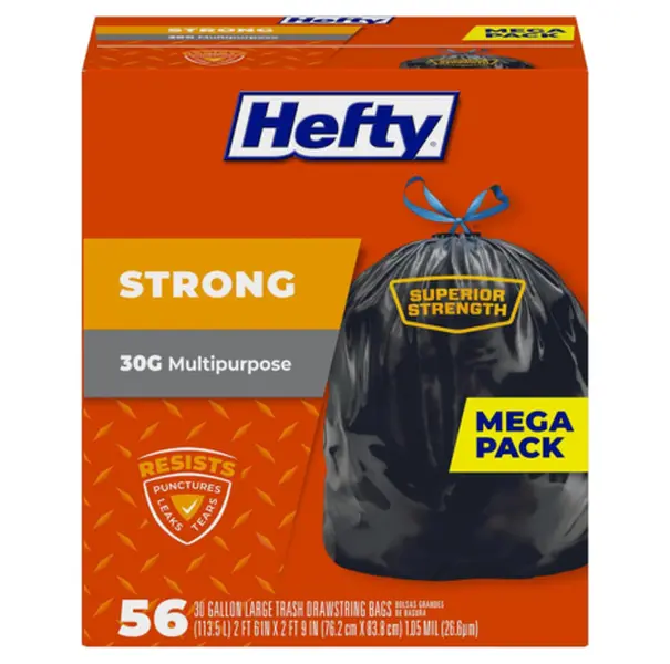Hefty Strong 30-Gallon Trash Bags, 56 Count, Large Durable Drawstring Bags, Puncture, Leak & Tear Resistant, Unscented Black