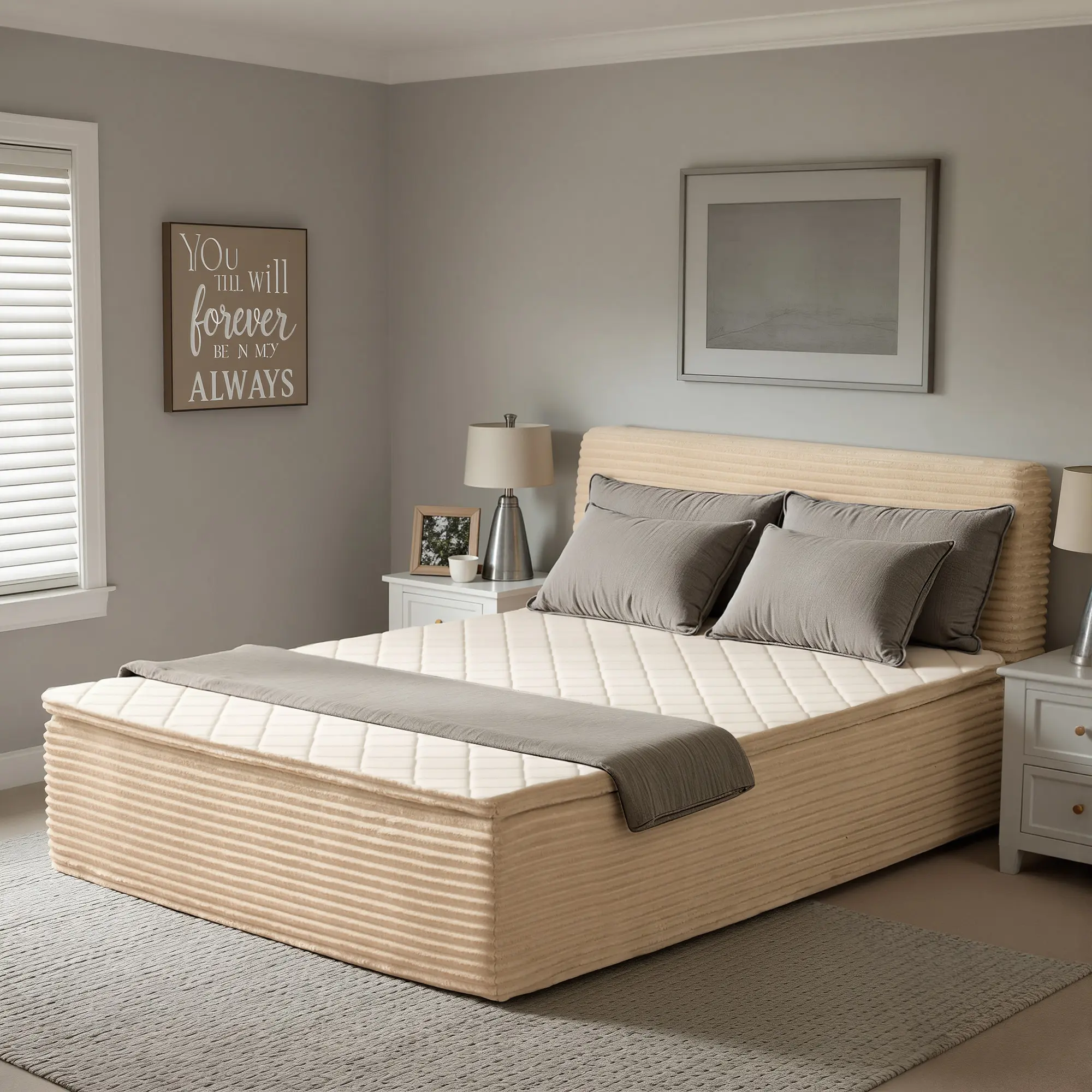 ALLWEX 55" Sturdy Modern Cloud Upholstered Full Size Platform Bed, Thick Padded Headboard, No Extra Bed Frame Needed, 6-Layer Hybrid Mattress with Pocket Springs & Adaptive Foam, Soft Rounded Edges, Horizontal Channels, Sturdy Platform Bed, Full Size Beds