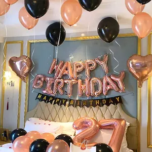 45-Piece Rose Golden "Happy Birthday" Banner Aluminum Foil Balloon Set - Includes Rose Golden & Black Latex Balloons, Heart Foil Balloons, and Black "Happy Birthday" Banner. Perfect for Birthday Parties, Family Gatherings, Weddings, Graduations