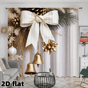 2D Flat 2Pcs Holiday Bells Bow Pattern Curtains, Christmas Theme Golden White Ribbon Design, Rod Pocket Style, Semi Transparent Polyester, Perfect for Living Room Bedroom Window Treatment, Home Decor Drapes, Decoration, Interior Decoration Accessories