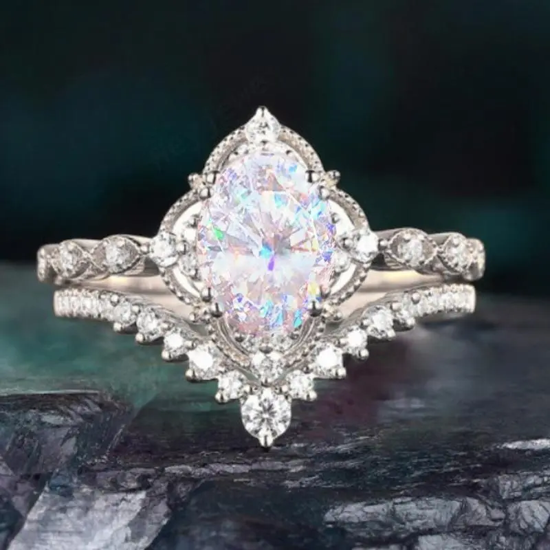 Women's Lace Crown Artificial Zircon Ring Set - Oval Synthetic Opal, Oval Engagement Rings, His-Hers Wedding Bands, Romantic Accessories with Bling Effect, Costume Jewelry Gift for Special Occasions, Engagement Gift Ideas, Oval Opal