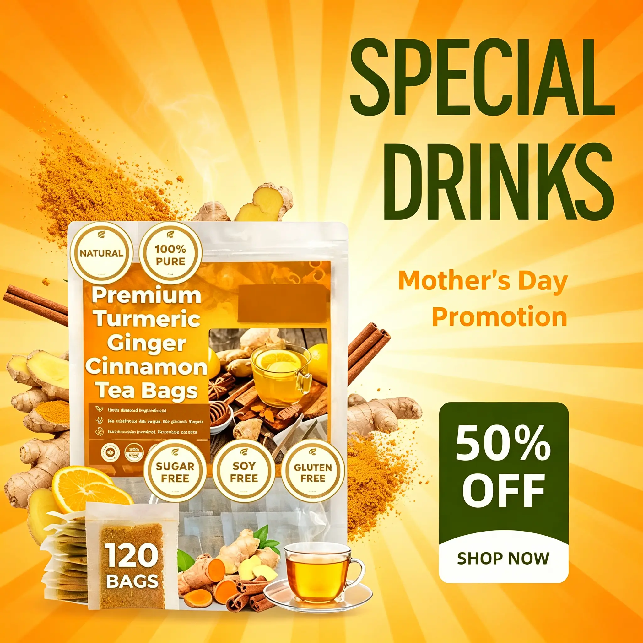 Handmade Mix 100% Natural Turmeric-Ginger-Cinnamon Dried Leaves Herbal Tea Packets - Caffeine-Free, Sugar-Free, No Added Ingredients Beverage