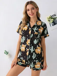 Animal Lover Black Highland Cow Pajama Set for Women, Button Down Short Sleeve, Spring Summer Casual Loungewear Nightwear Sleepwear Homewear, Cactus Print, Loose Fit Homewear