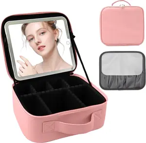 Travel Makeup Bag with LED Lighted Mirror, Cosmetic Makeup Organizer Bag with 3 Color Setting, Makeup Train Case with Adjustable Dividers for Women Makeup Brushes Jewelry Accessories