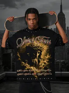 Religious Jesus Pop Art Print Short Sleeve, Rivet Decoration Heavyweight Baggy Loose Fit Dark Casual Streetwear Men's T-Shirt, All Seasons Fashion
