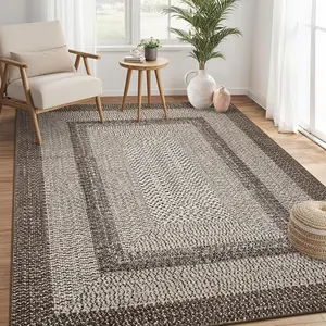 Garvee Washable Rug for Living Room 5x7 Non-Slip Non-Shedding Bordered Carpet, Low Pile Stain-Resistant Carpet, Washable Modern Braided Print Area Rug for Bedroom Dining Room Kitchen, Taupe