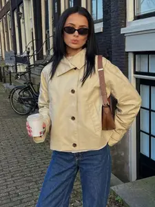 Women's Spring Windbreaker Jacket, Front Button Closure, Long Sleeve, Functional Pockets, Casual Office Wear Layered Coat, Outerwear, Lady, Womenswear