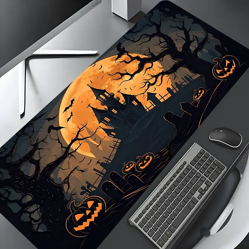 Halloween Spooky Haunted House Moonlit Large Gaming Mouse Pad, Washable Rubber Extended Desk Mat with Non-Slip Base, Girly Aesthetic Home Office Decor, Mouse Pads for Desk, Christian Gifts for Women