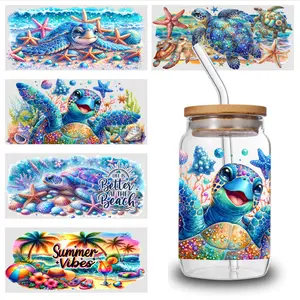 5 Sheets Turtle Beach UV DTF Stickers Glass DTF Transfer Stickers Waterproof Decals DIY Water Bottle Glass Waterproof Rub on Transfers Mug Decoration Gift