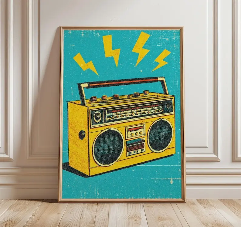 80s Retro Boombox Wall Art, Colorful Pop Art Music Poster for Living Room or Studio