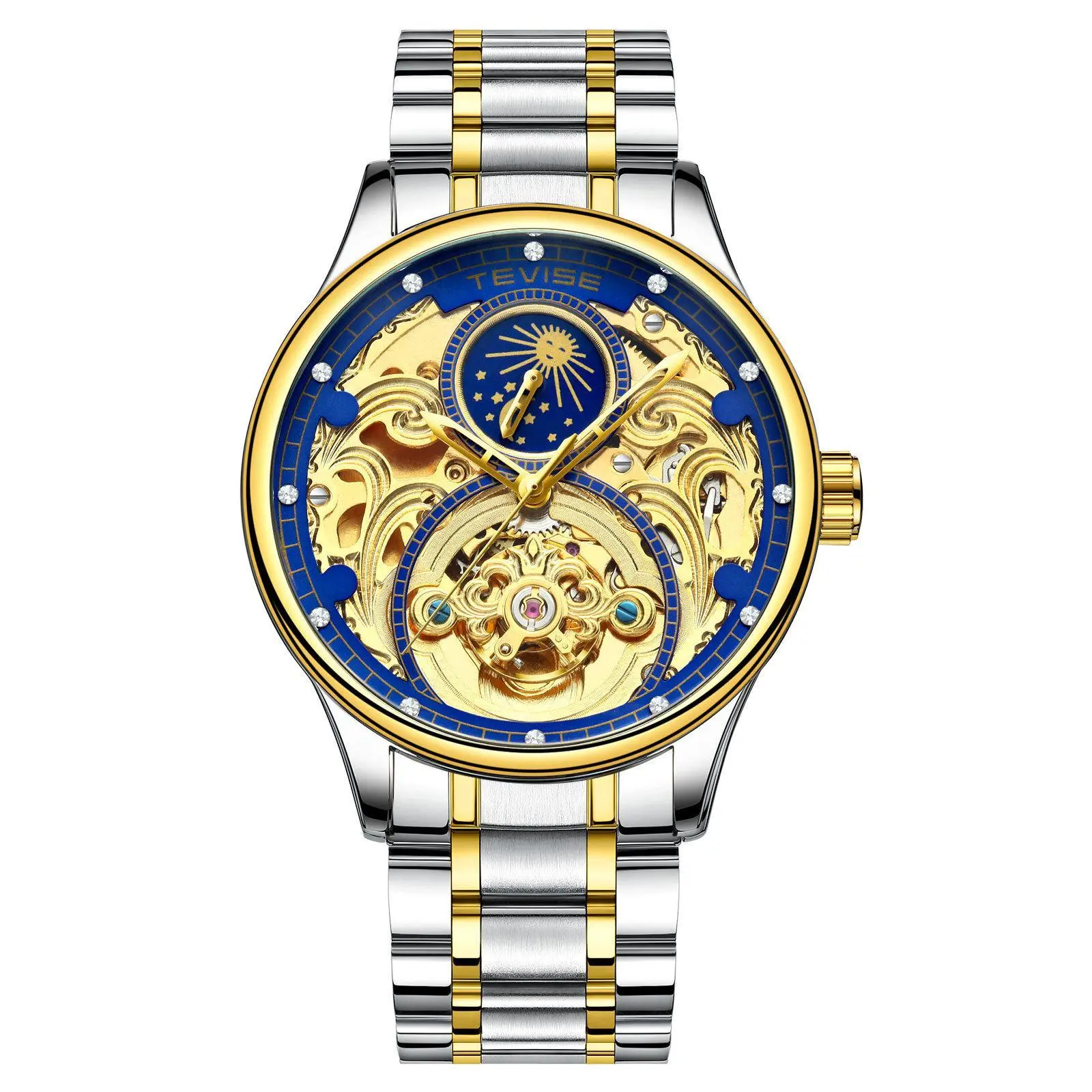 TEVISE Men's Classic Skeleton Mechanical Watch with Automatic Movement, Alloy Case with Openwork Dial and Round Face, Stainless Steel Band for Business or Casual Wear, Business/Casual, Clasp